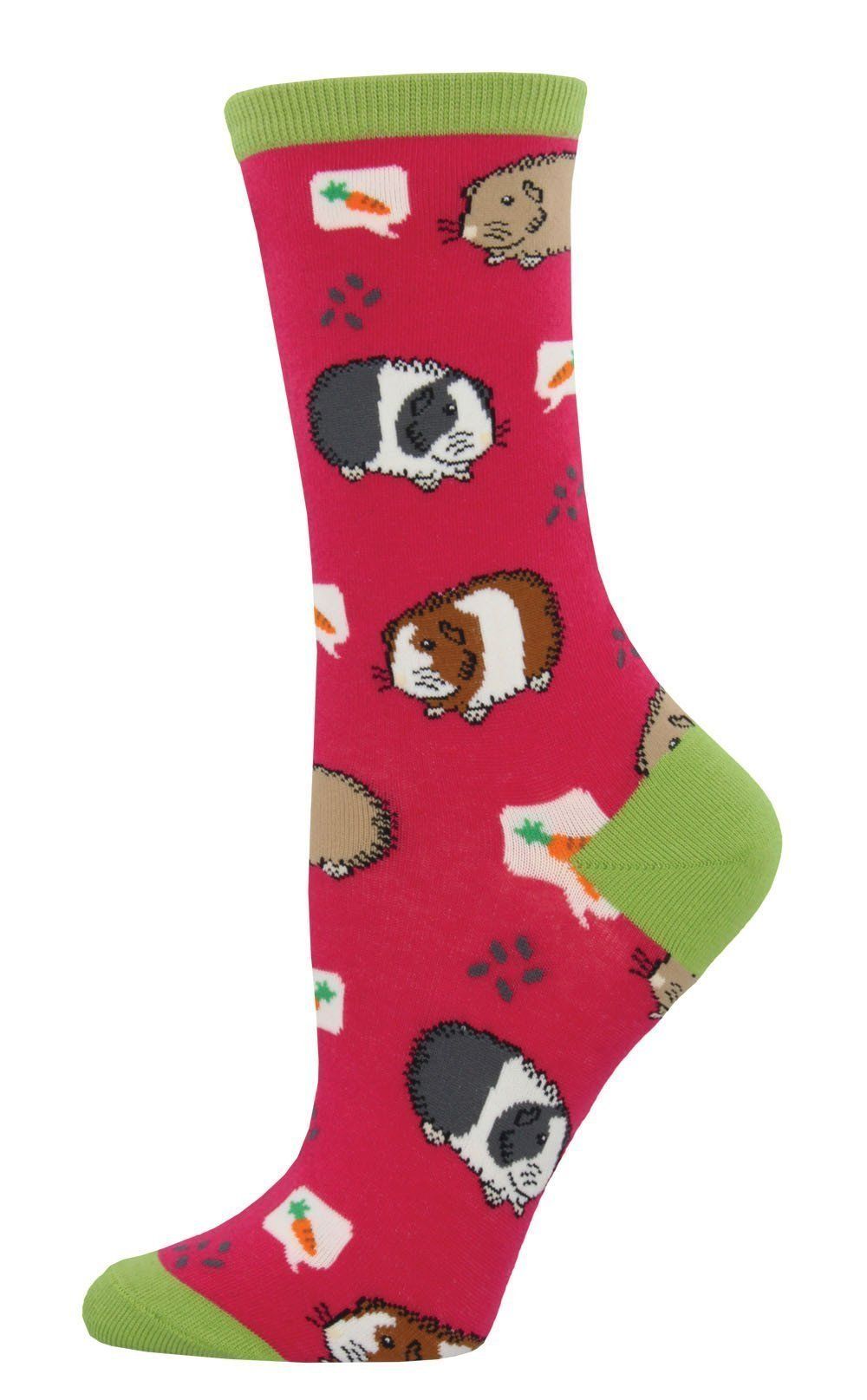Women's raspberry-pink crew sock with guinea pigs, carrot speech bubbles and lime trim