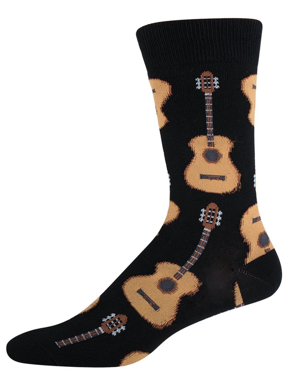 Men's black crew sock with brown acoustic guitars scattered in all directions