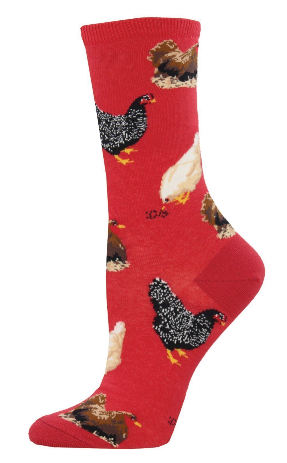 Red women's crew sock with brown, white and speckled black-and-white chickens