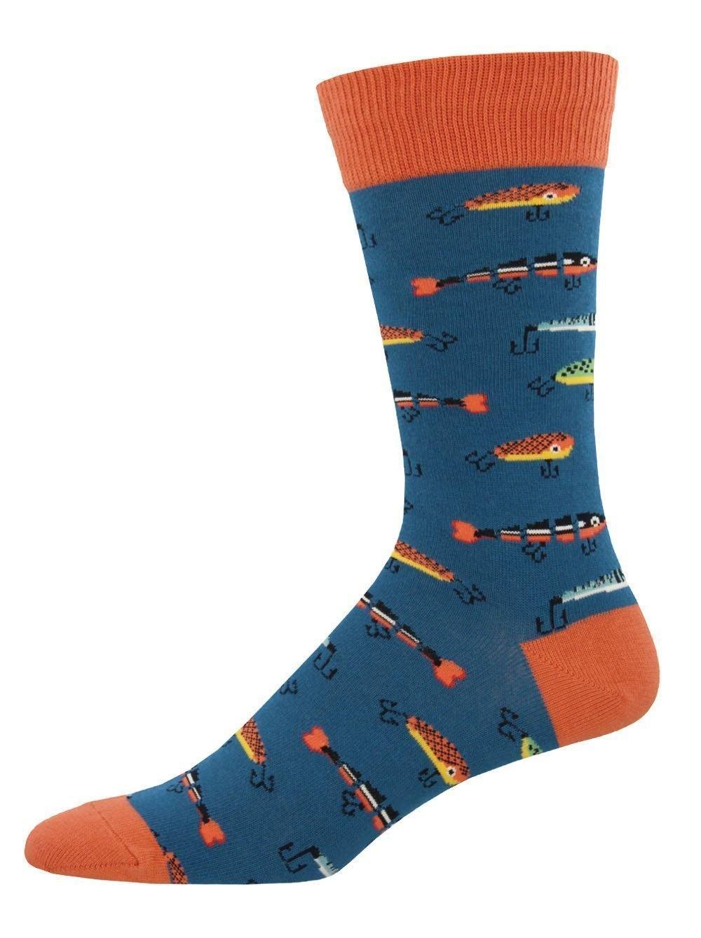 Men's teal-blue crew sock with colorful fishing lures and tackle, orange cuff and heel