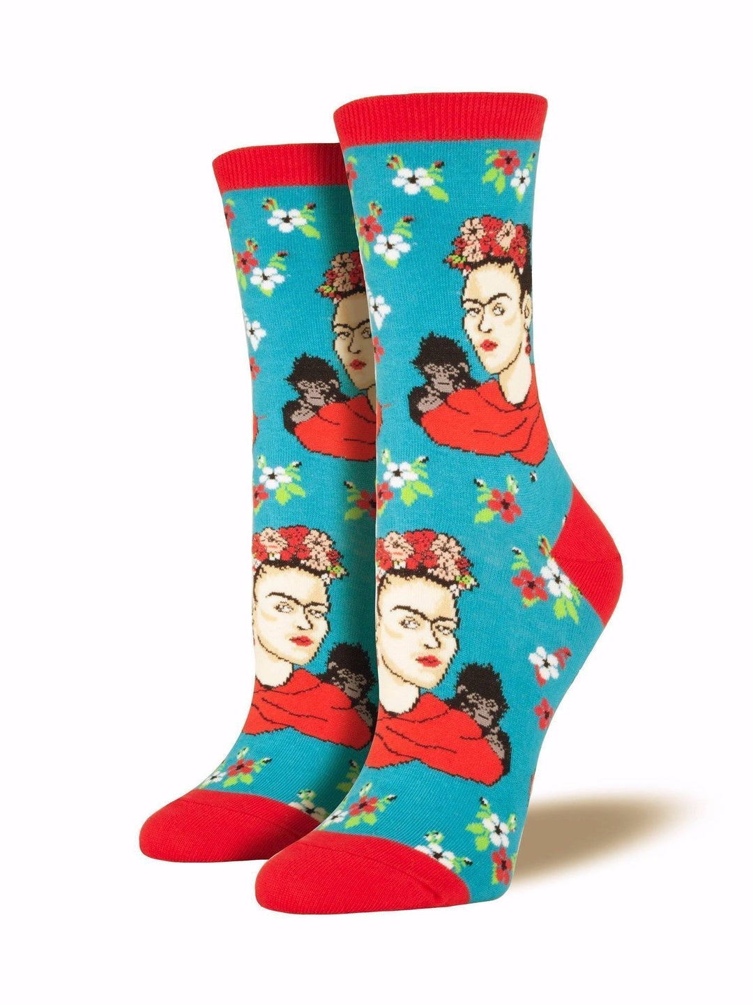Women's turquoise crew sock with repeating Frida Kahlo portrait, floral crown and red shawl, shown as a pair