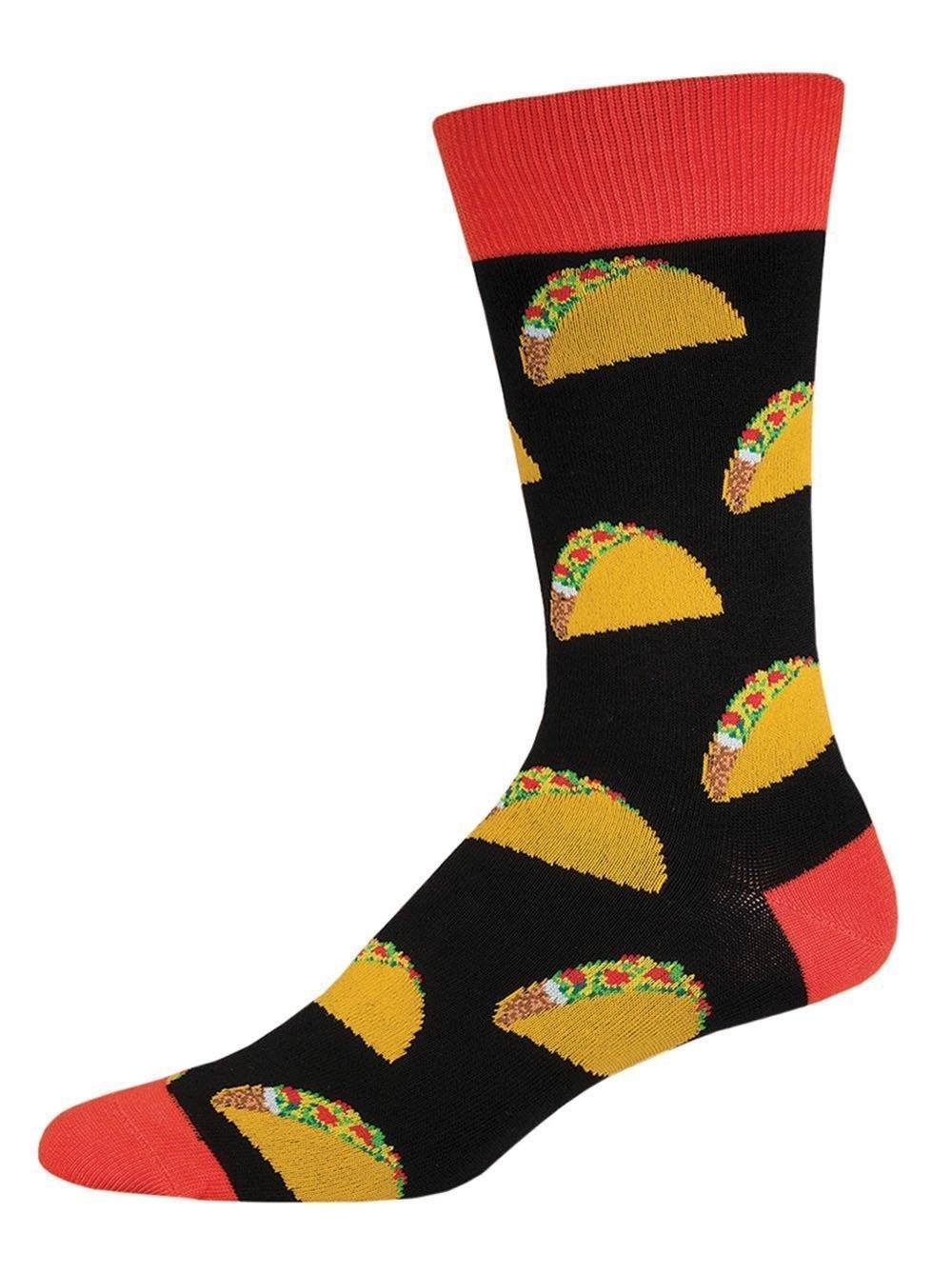 Black men's crew sock covered in tacos with red cuff, heel, and toe