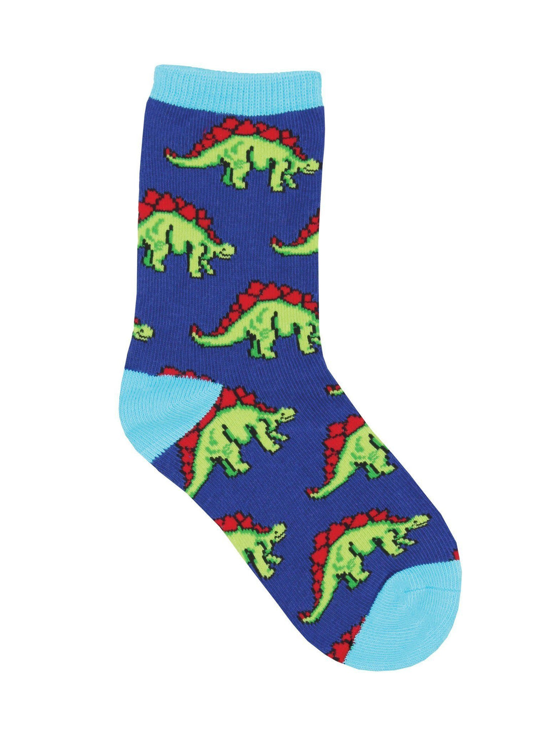 Side view of a kids' blue crew sock with light-blue heel and toe, patterned with green stegosaurus dinosaurs with red back plates