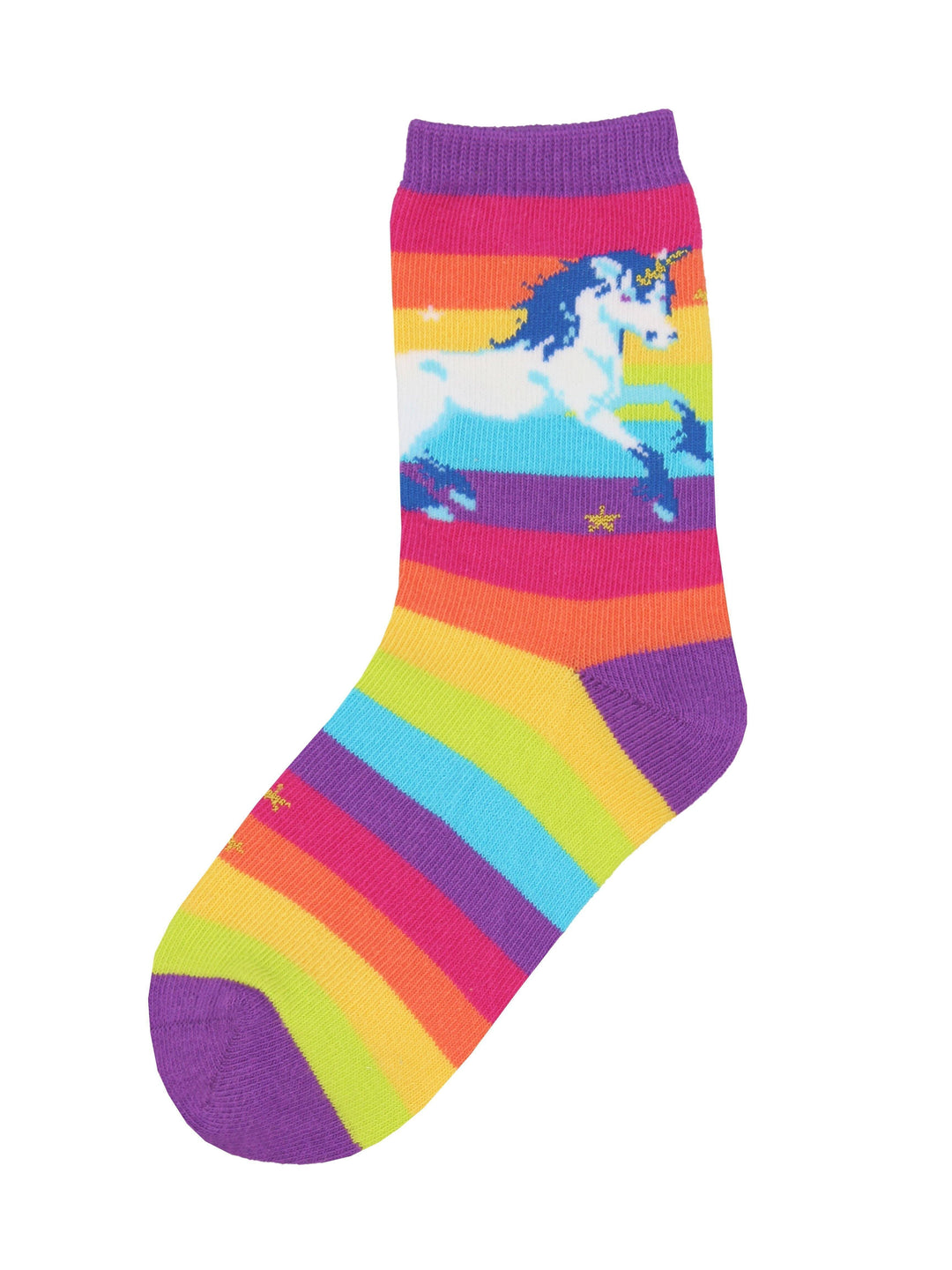 Rainbow-striped kids' crew sock with a white unicorn with a blue mane and gold stars, purple cuff and toe