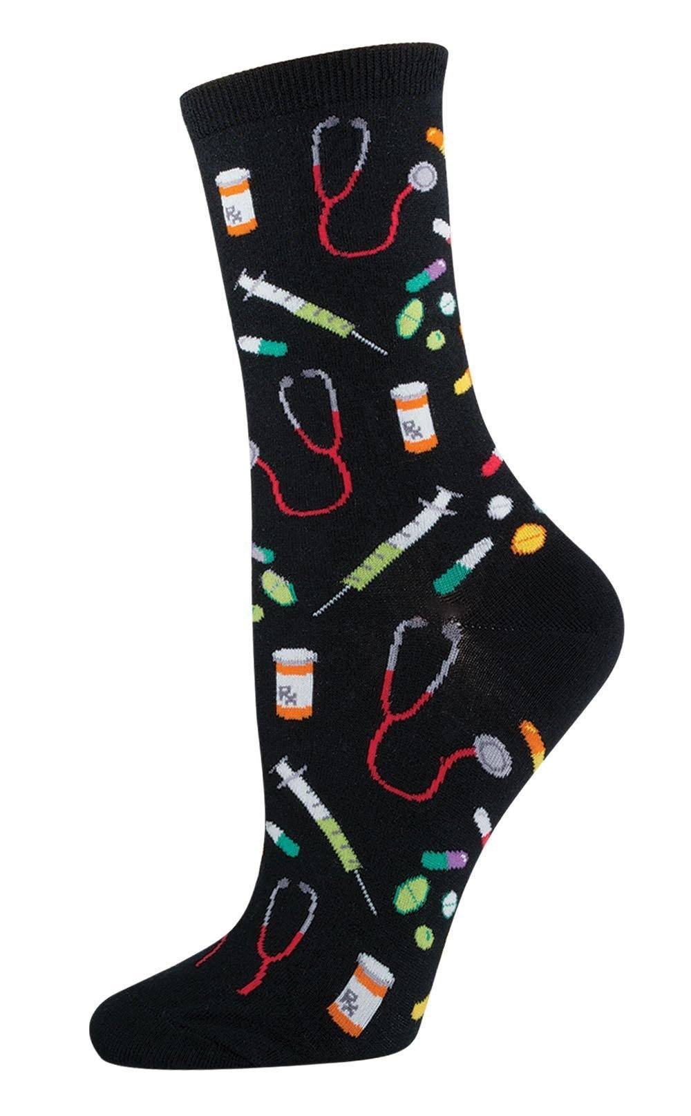 Women's black crew sock with stethoscopes, syringes, pill bottles and colorful capsules