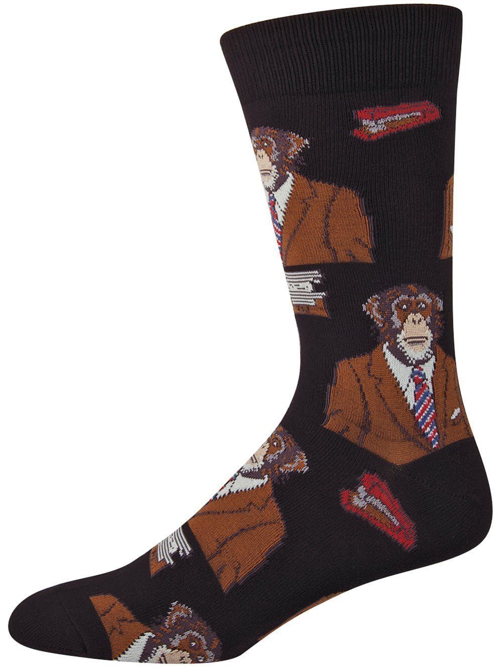 Men's dark brown crew sock with cartoon monkeys in tweed suits and striped neckties