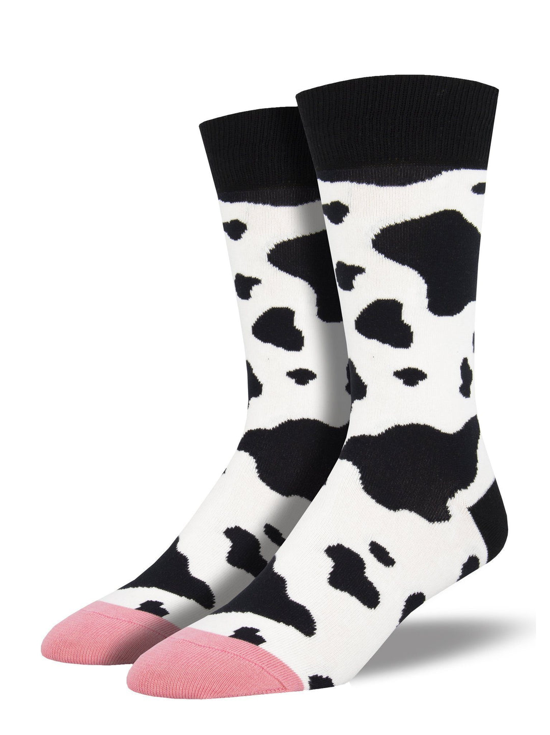 Men's cream crew socks with bold black-and-white cow-print spots, black cuffs, and pink toes