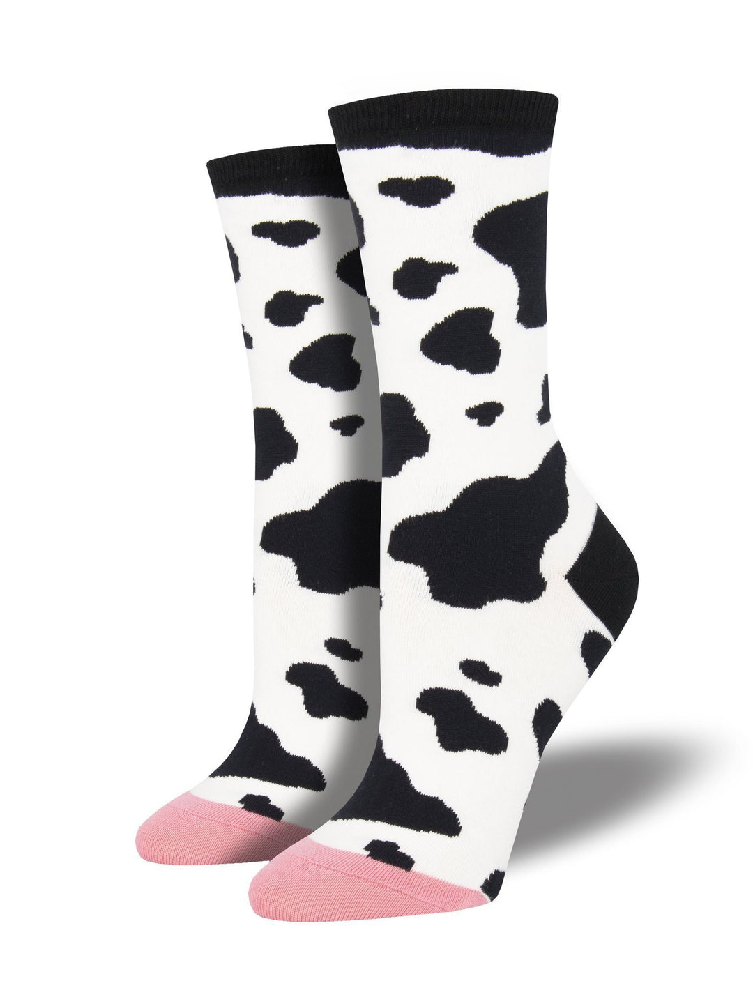 Women's white crew socks with black cow-spot pattern, black cuff and pink toe