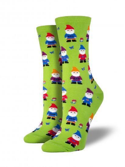 Women's lime-green crew socks with cheerful bearded gnomes, toadstools and butterflies, shown as a pair
