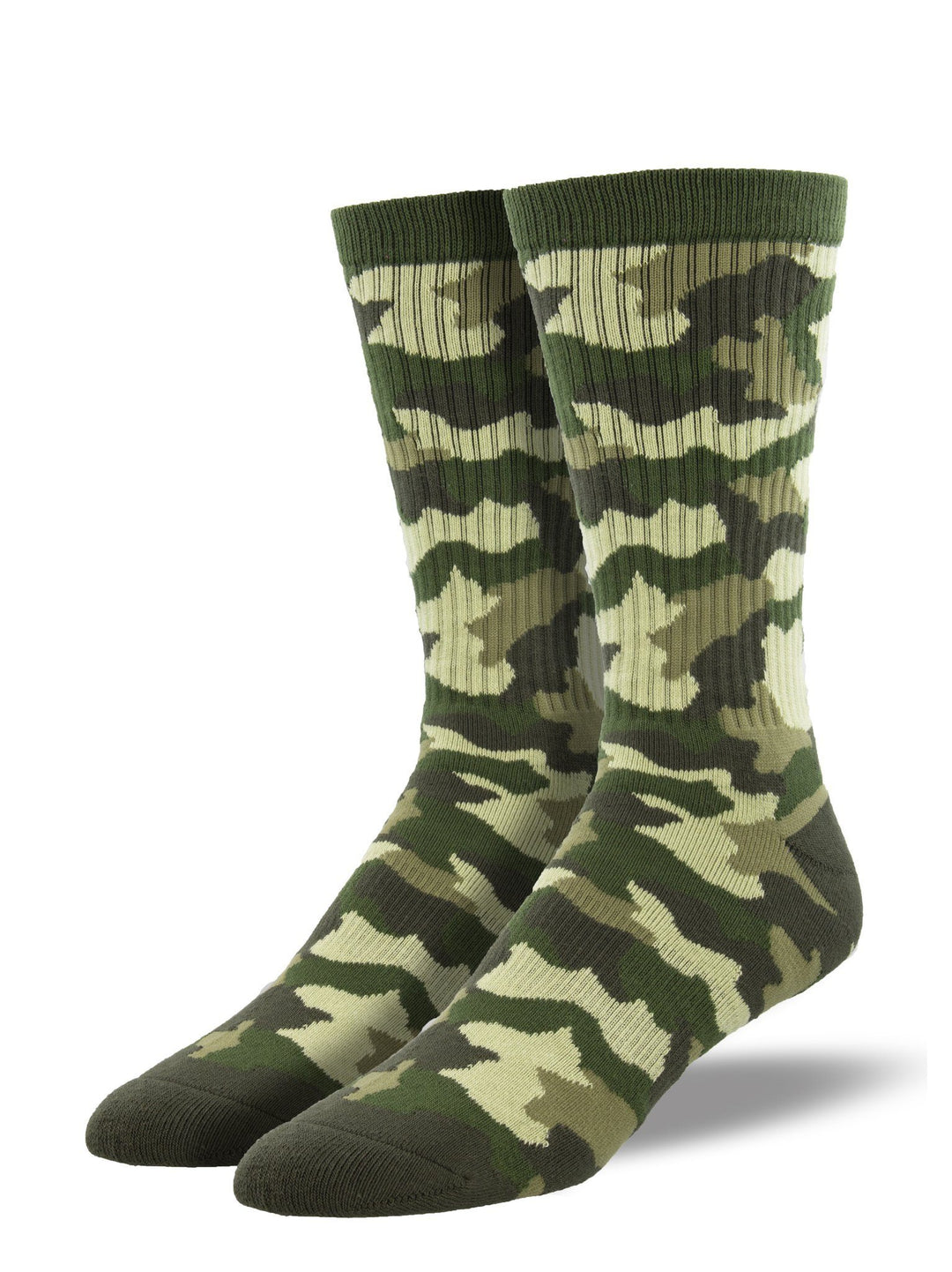 Men's camo athletic crew socks shown as a pair in woodland green, tan and brown camouflage with a ribbed athletic cuff