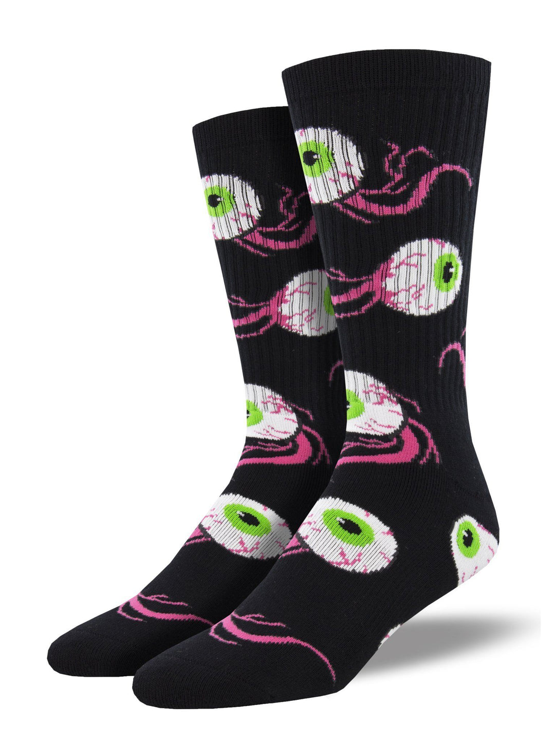 Men's Optic Nerve athletic crew socks shown as a pair on black with green eyeballs and hot pink nerves
