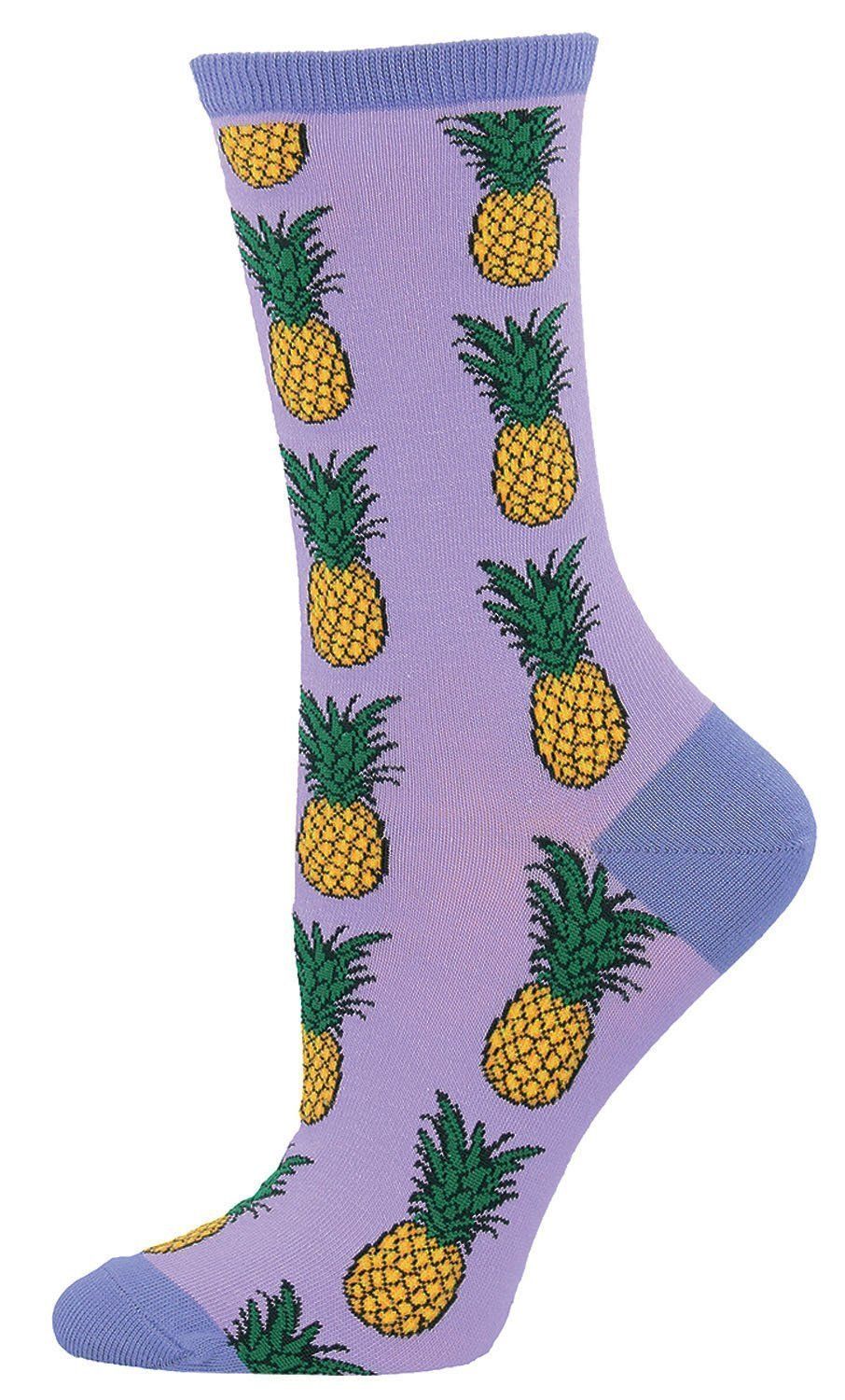 Women's pineapple crew sock in lavender purple with golden pineapples and blue trim