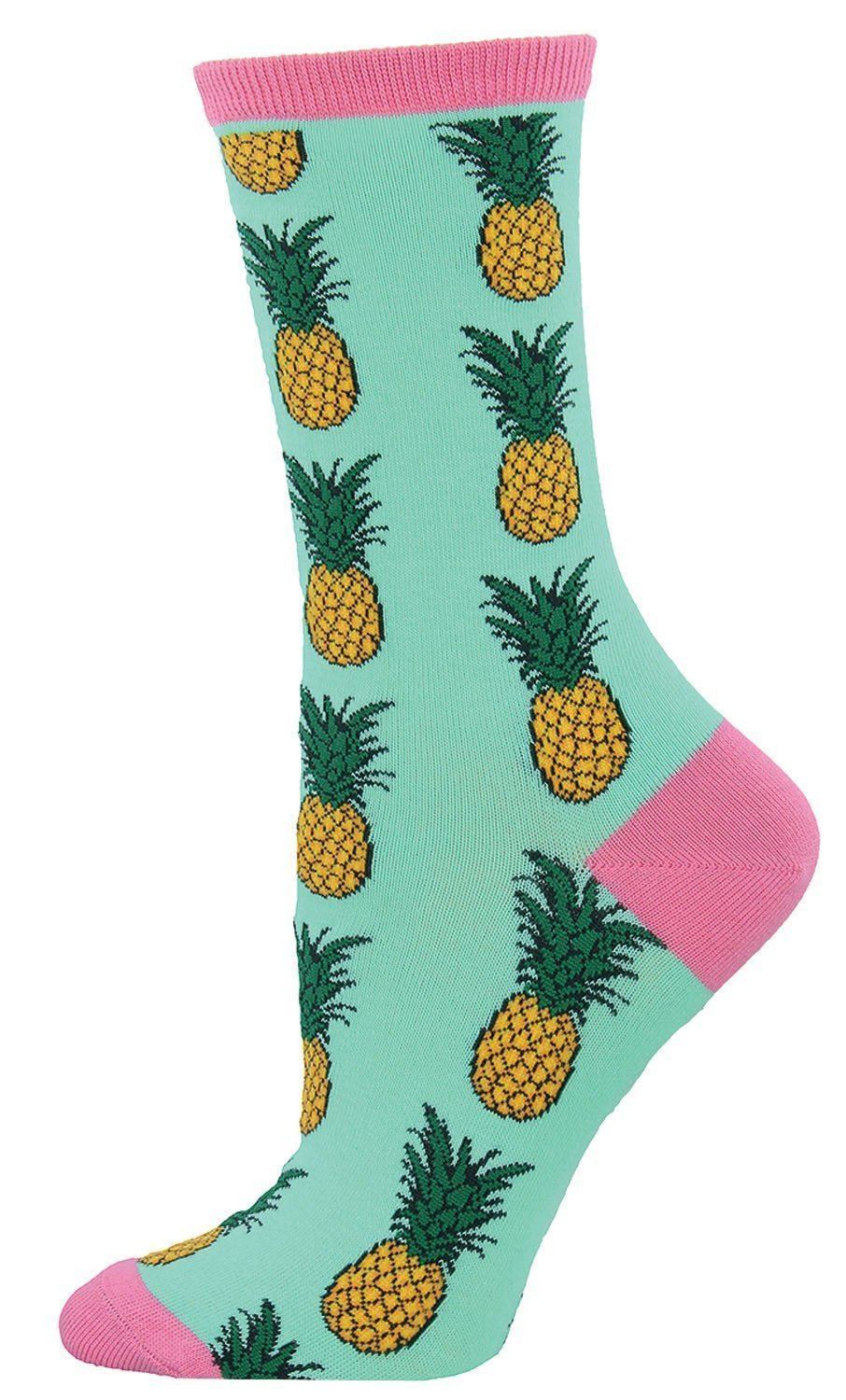 Women's mint-green crew sock with golden pineapples and pink cuff, heel and toe