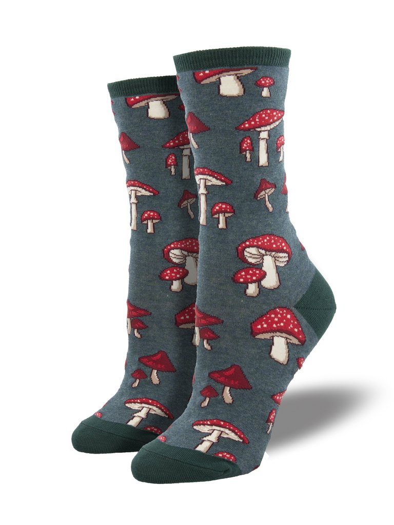 Women's mushroom crew socks on foot forms, heathered teal-gray with red-capped white-spotted toadstools