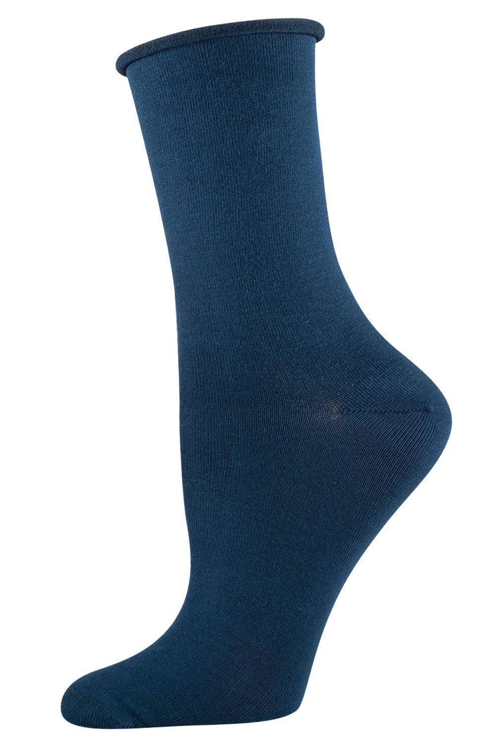 Women's roll top bamboo crew sock, close-up of the rolled cuff detail