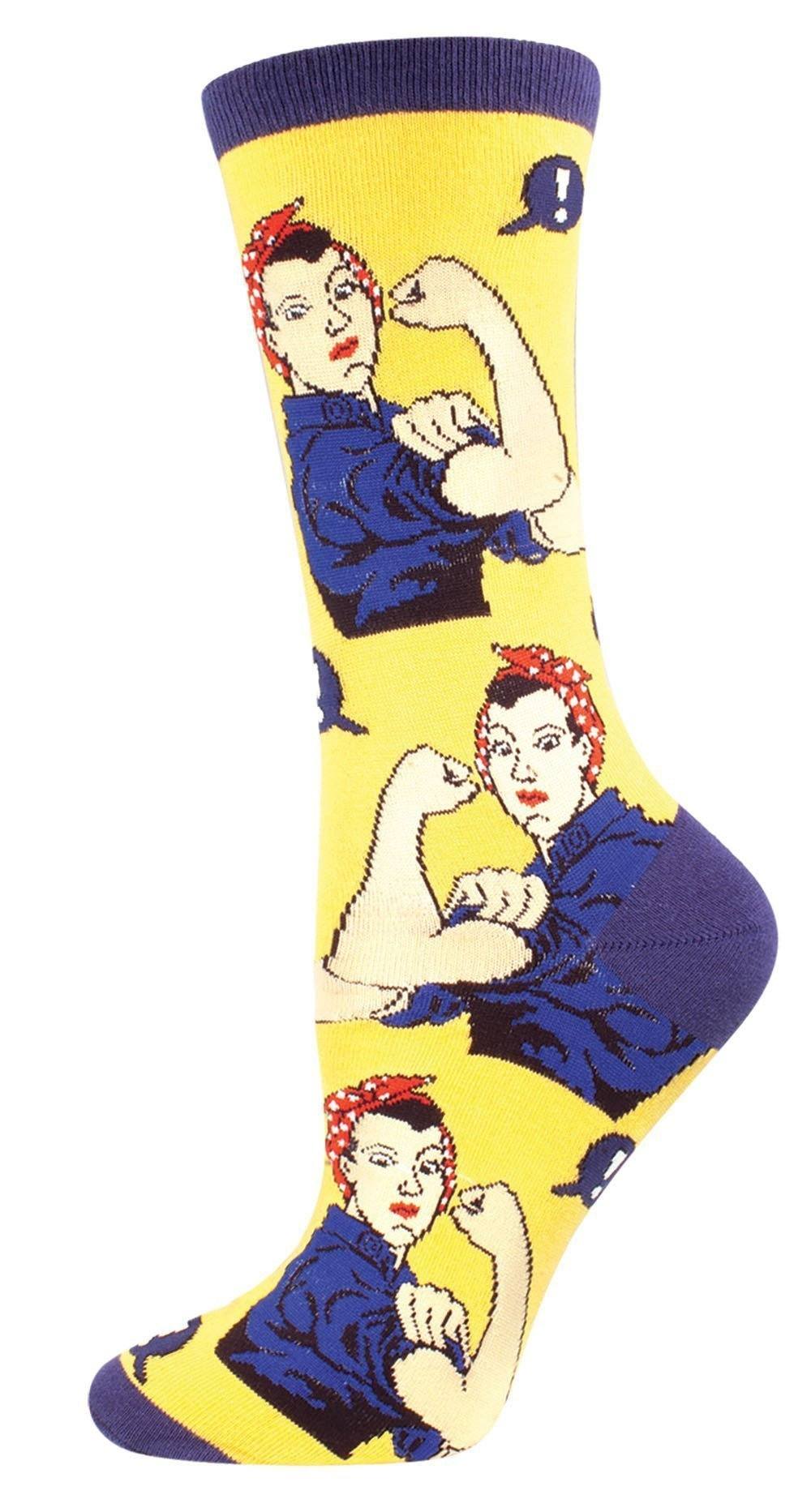 Women's yellow crew sock with the Rosie the Riveter flexing-arm design and purple trim