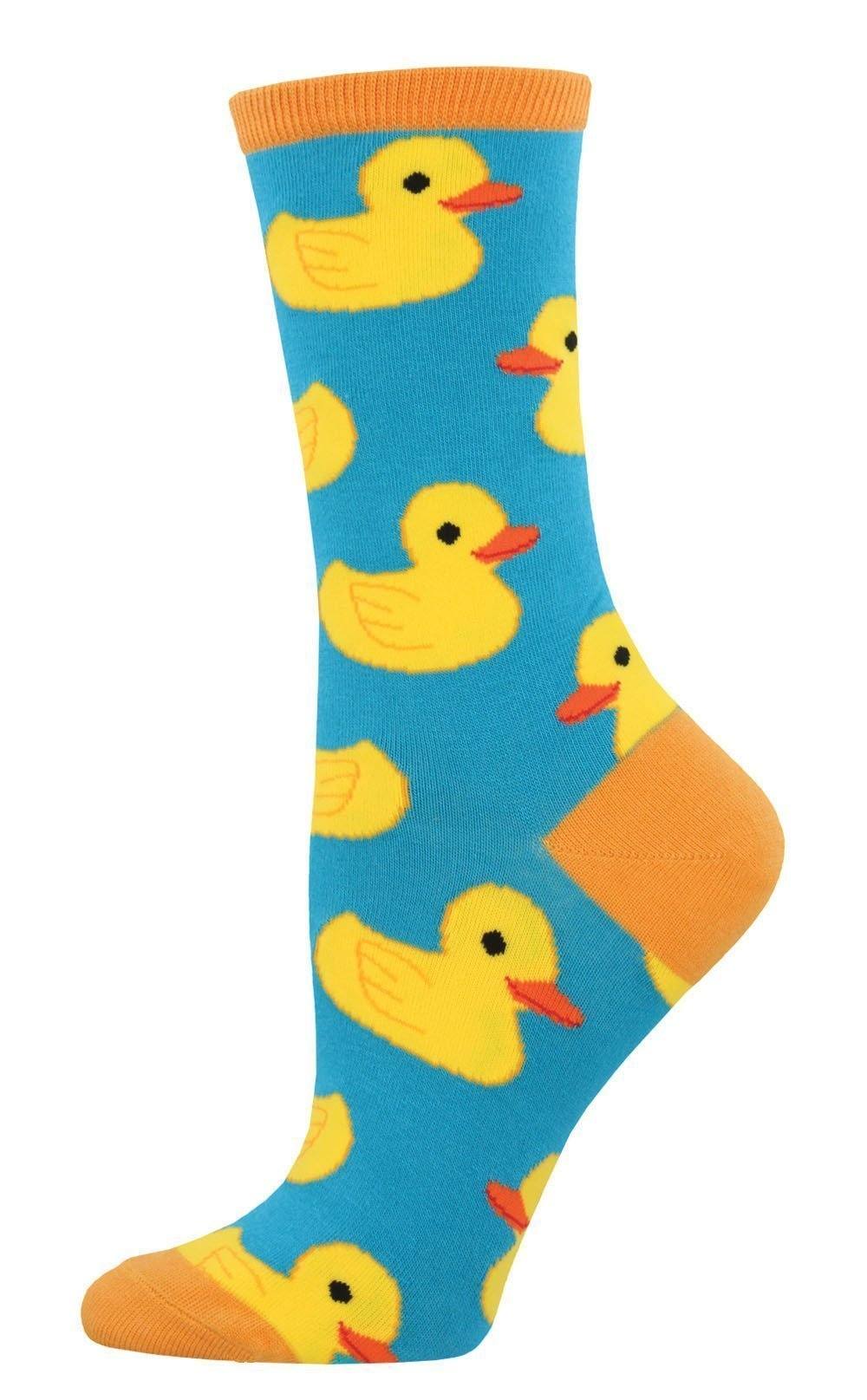Women's turquoise crew sock with yellow rubber ducks and orange cuff, heel and toe