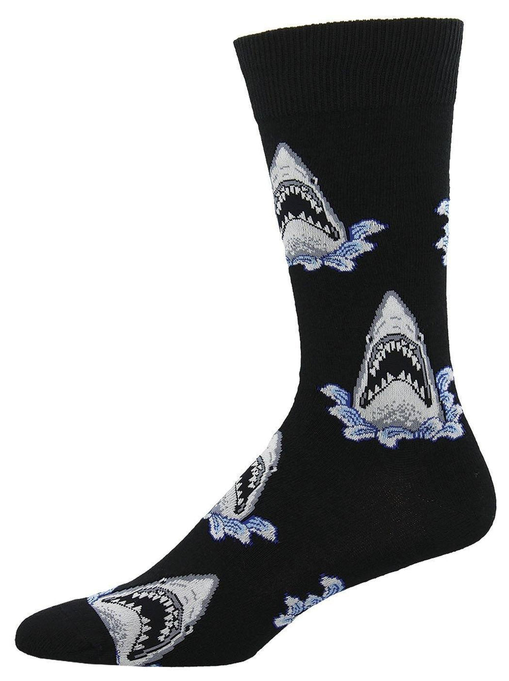 Men's shark crew sock in black with open-jawed great whites in blue waves