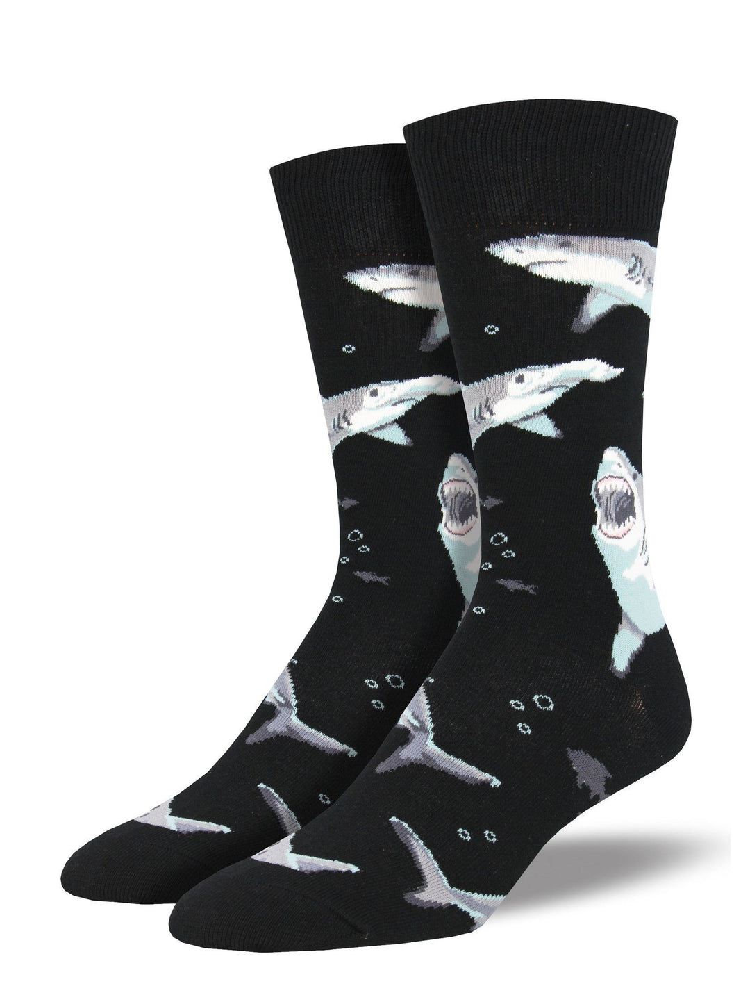 Pair of men's black crew socks displayed upright, patterned with gray-and-white great white sharks and small bubbles