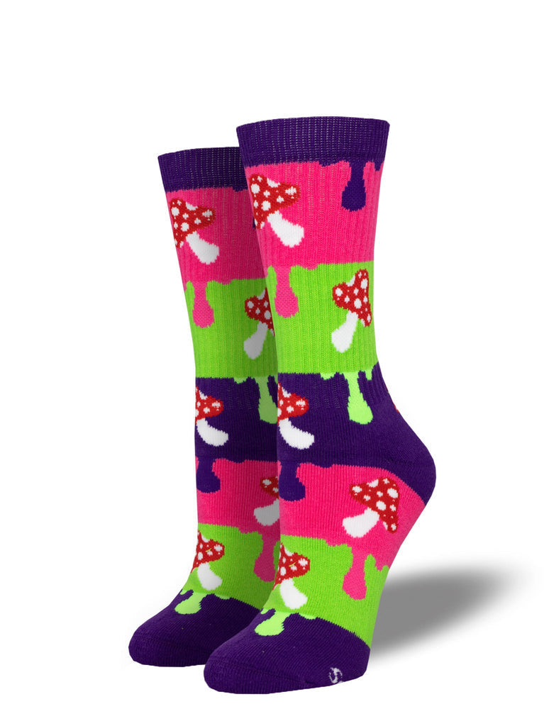 Pair of women's Shroom Dose athletic crew socks displayed upright, with red-spotted mushrooms on dripping pink, green, and purple blocks