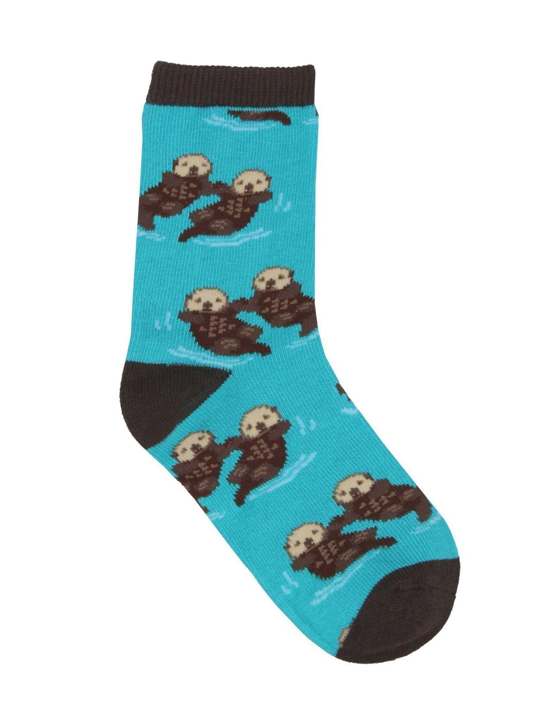 Kids' turquoise crew sock covered in pairs of brown sea otters holding hands, with a brown cuff, heel and toe