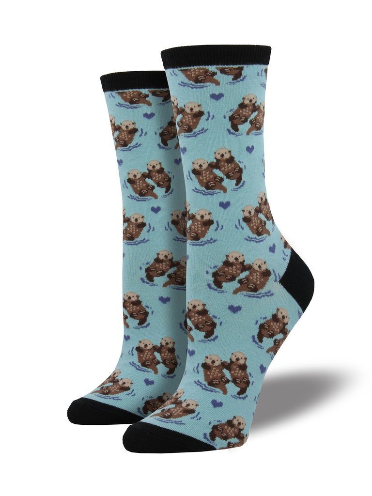 Pair of blue sea otter crew socks with black cuff, heel and toe