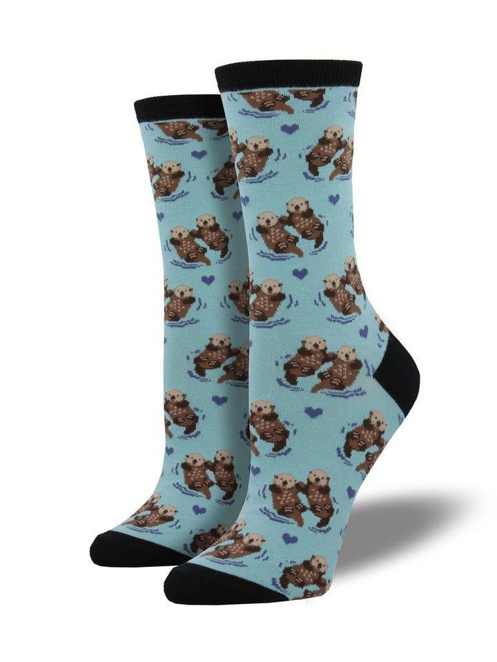 Pair of blue sea otter crew socks with black cuff, heel and toe