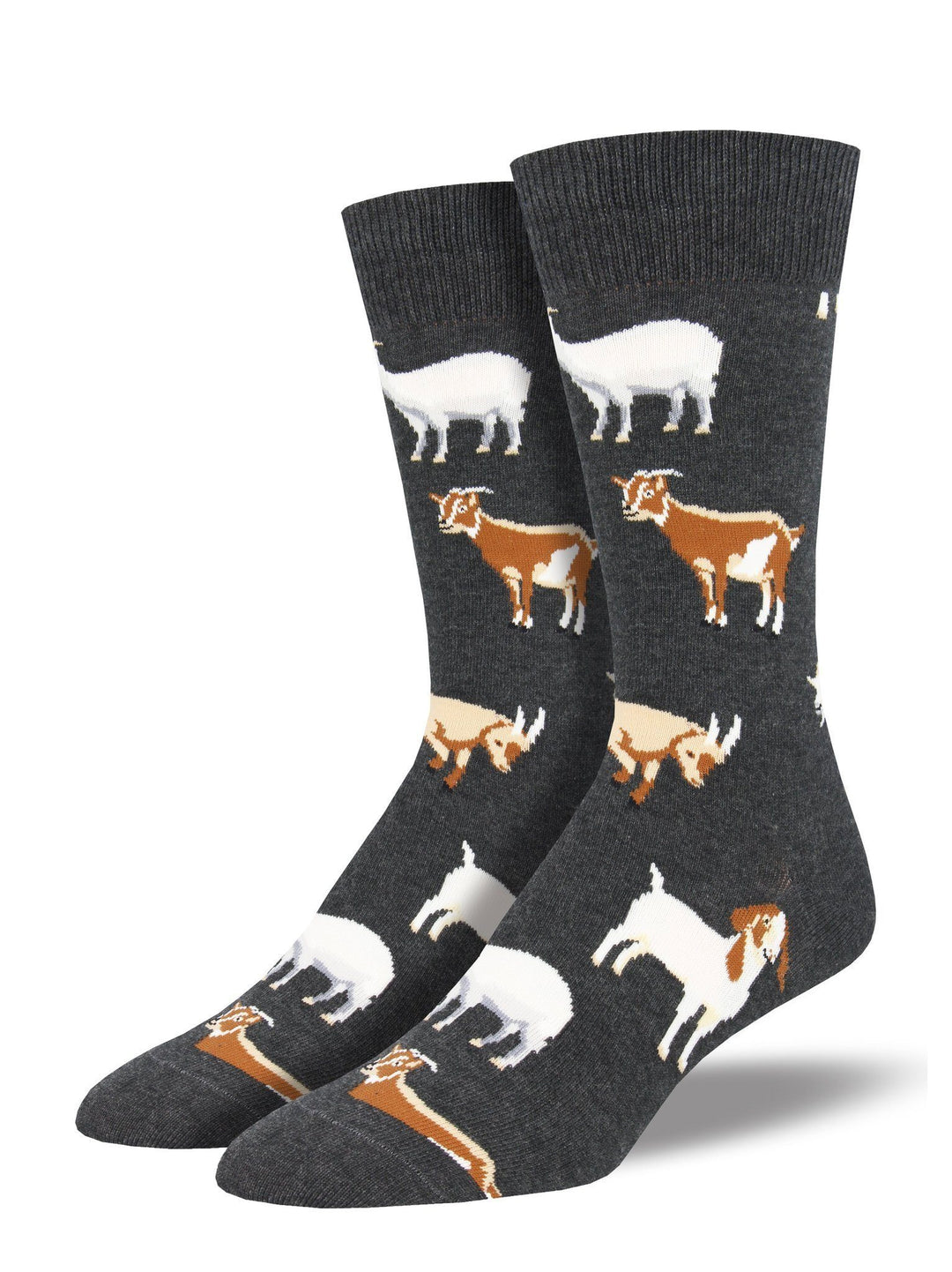 Pair of men's charcoal crew socks displayed upright, patterned with white, tan, and brown goats grazing and standing