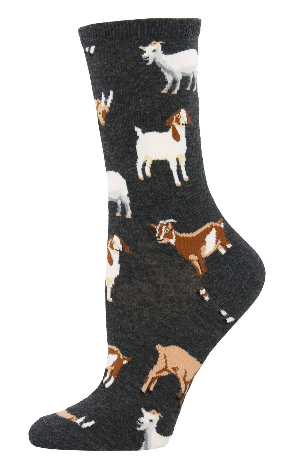 Charcoal gray women's crew sock with white, tan and brown goats