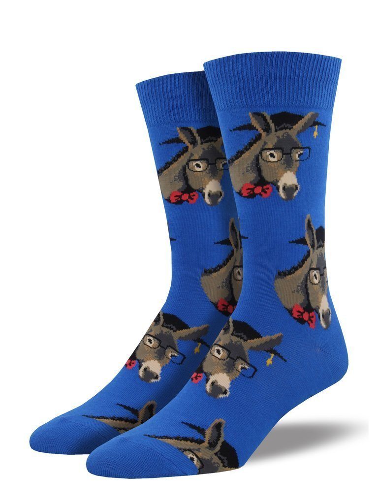 Pair of royal-blue men's crew socks covered in donkeys wearing nerdy glasses and red bow ties