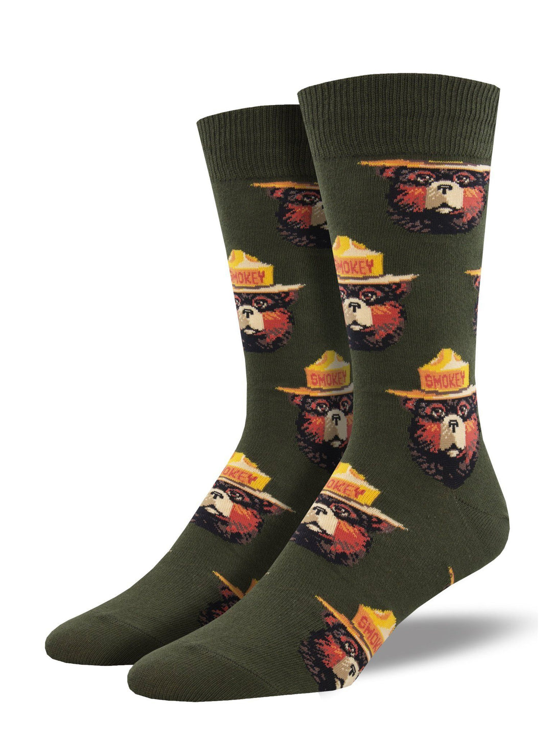 Men's olive-green crew socks on foot forms, patterned with the Smokey Bear face and ranger hat