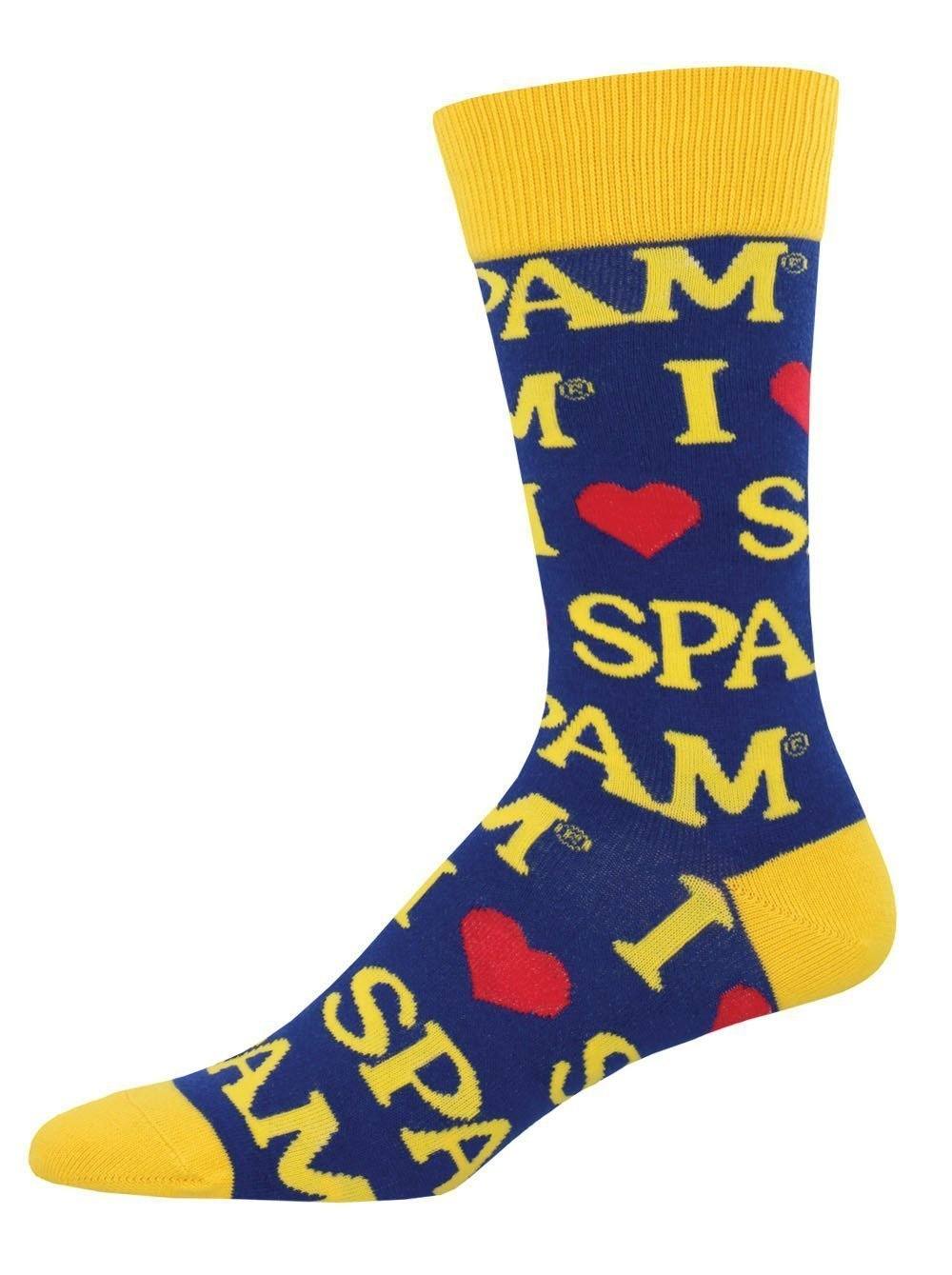 Blue men's crew sock with yellow "I love SPAM" lettering, red hearts and gold cuff, heel and toe