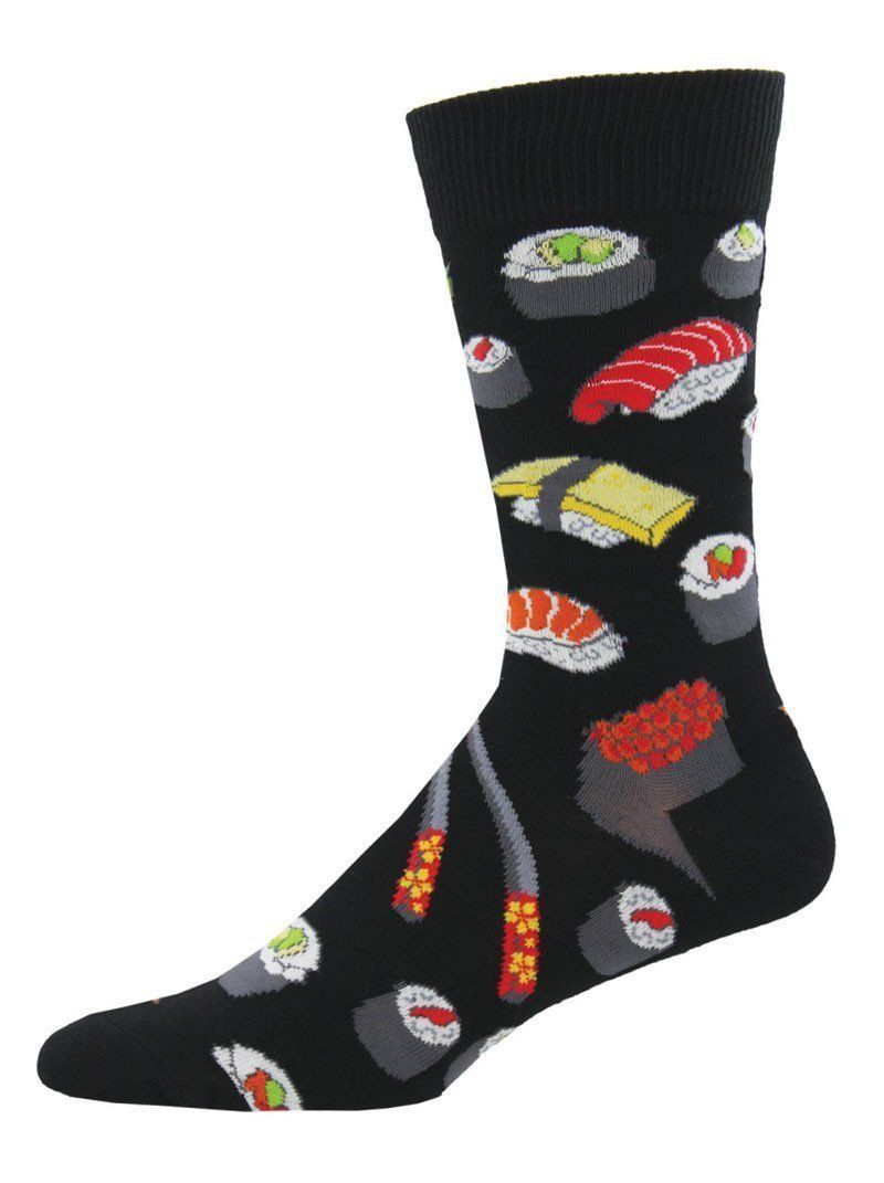 Black men's crew sock with colorful sushi pieces and chopsticks
