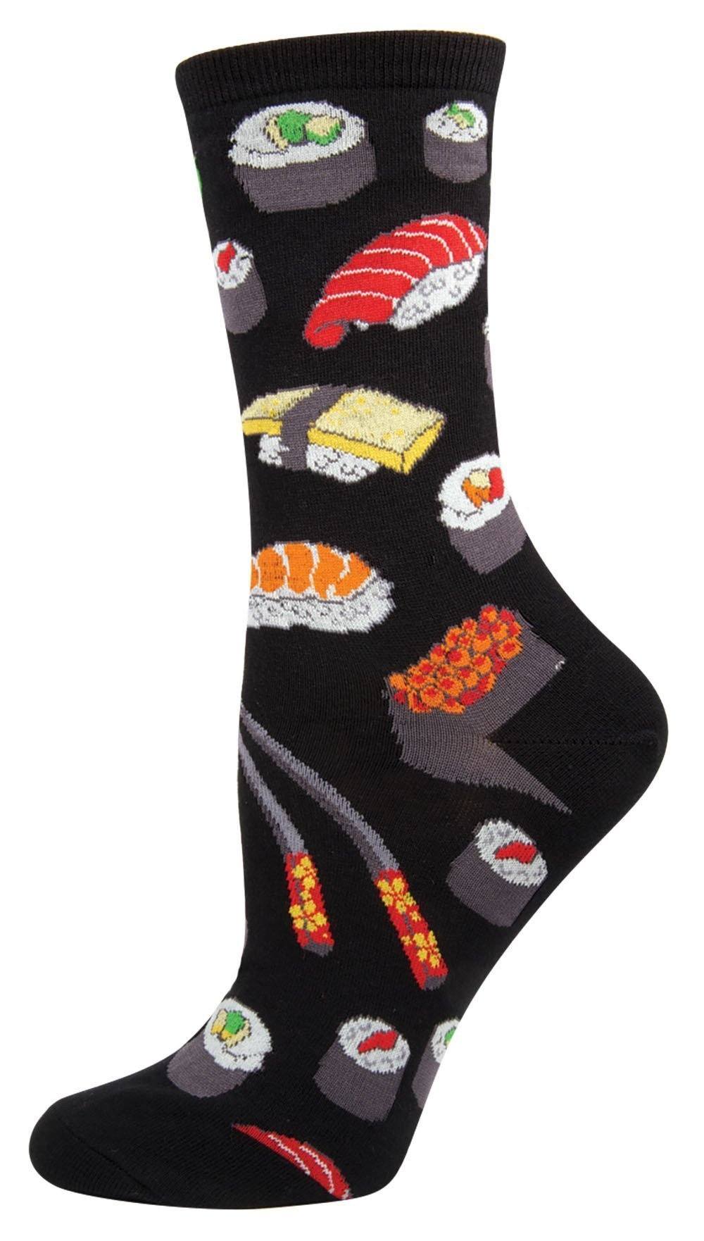 Black women's crew sock with colorful sushi pieces and chopsticks