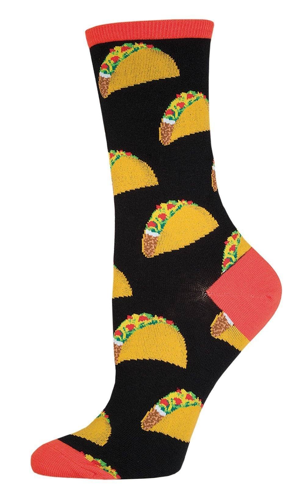 Black women's crew sock with loaded crispy tacos and coral cuff, heel and toe