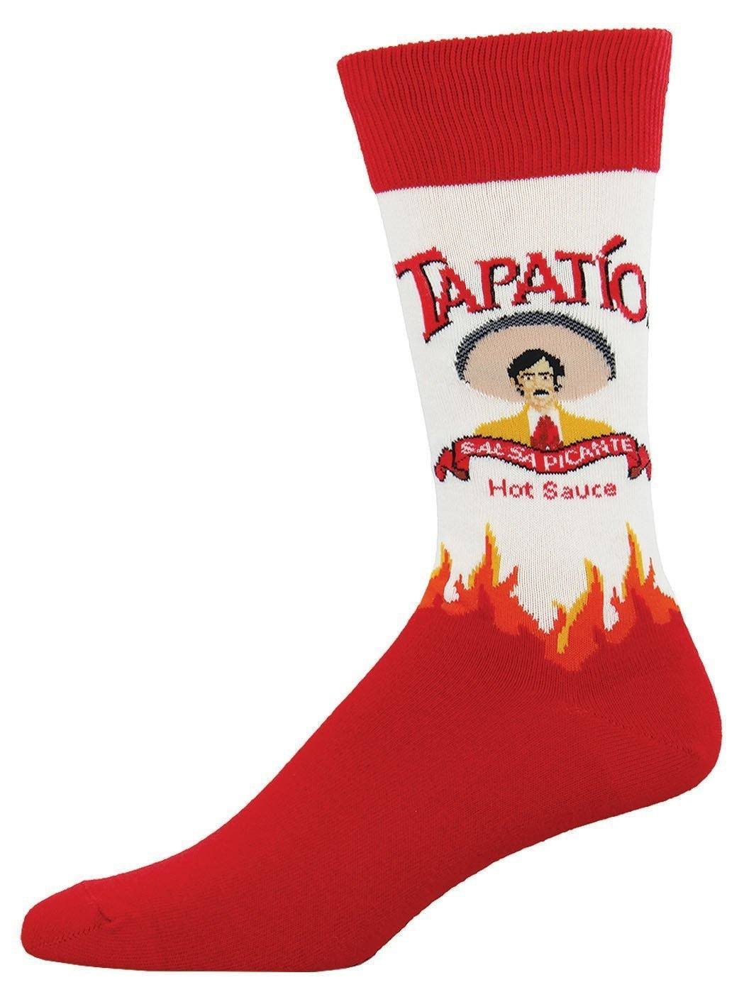 Men's crew sock designed like a Tapatio hot sauce bottle with red cuff, flames and red foot