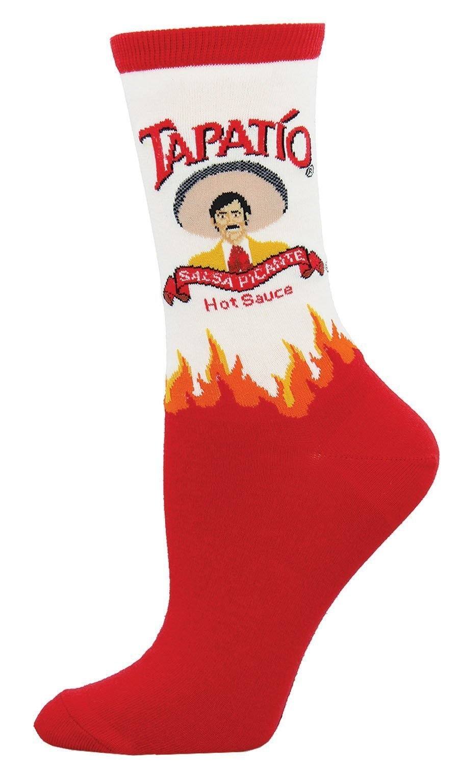 Women's crew sock designed like a Tapatio hot sauce bottle with white label, flames and red foot