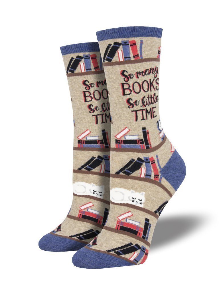 Women's oatmeal crew socks printed with rows of bookshelves, a sleeping cat and the words 'So Many Books, So Little Time,' with blue cuff, heel and toe