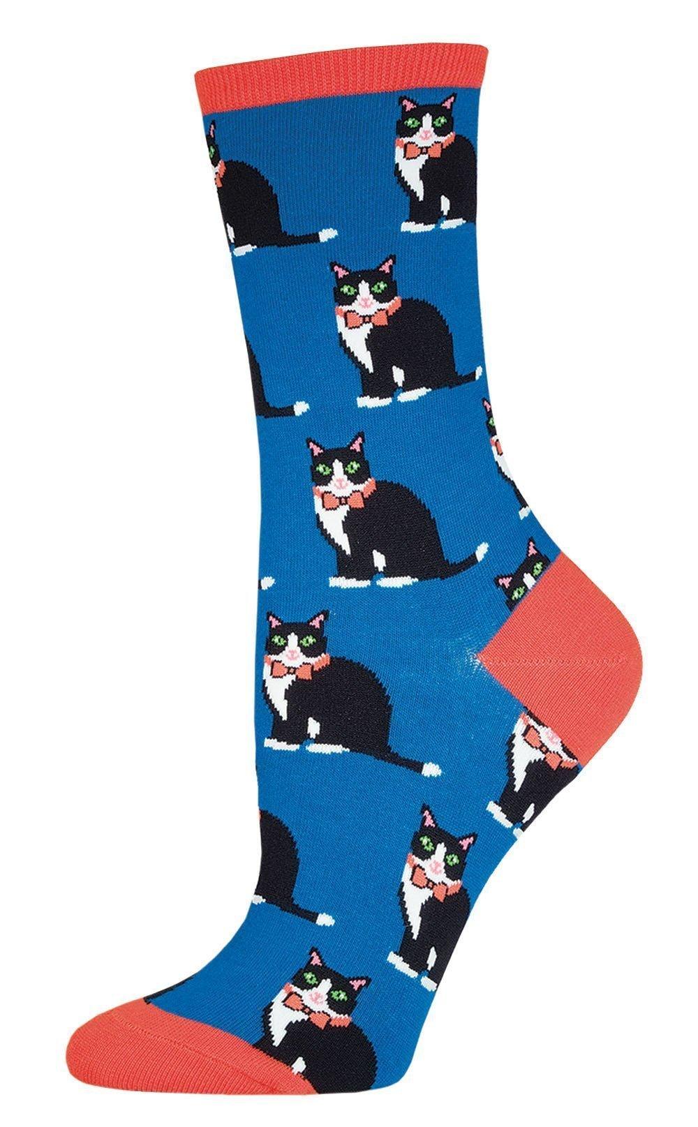 Blue women's crew sock with black-and-white tuxedo cats in bow ties, coral cuff, heel and toe