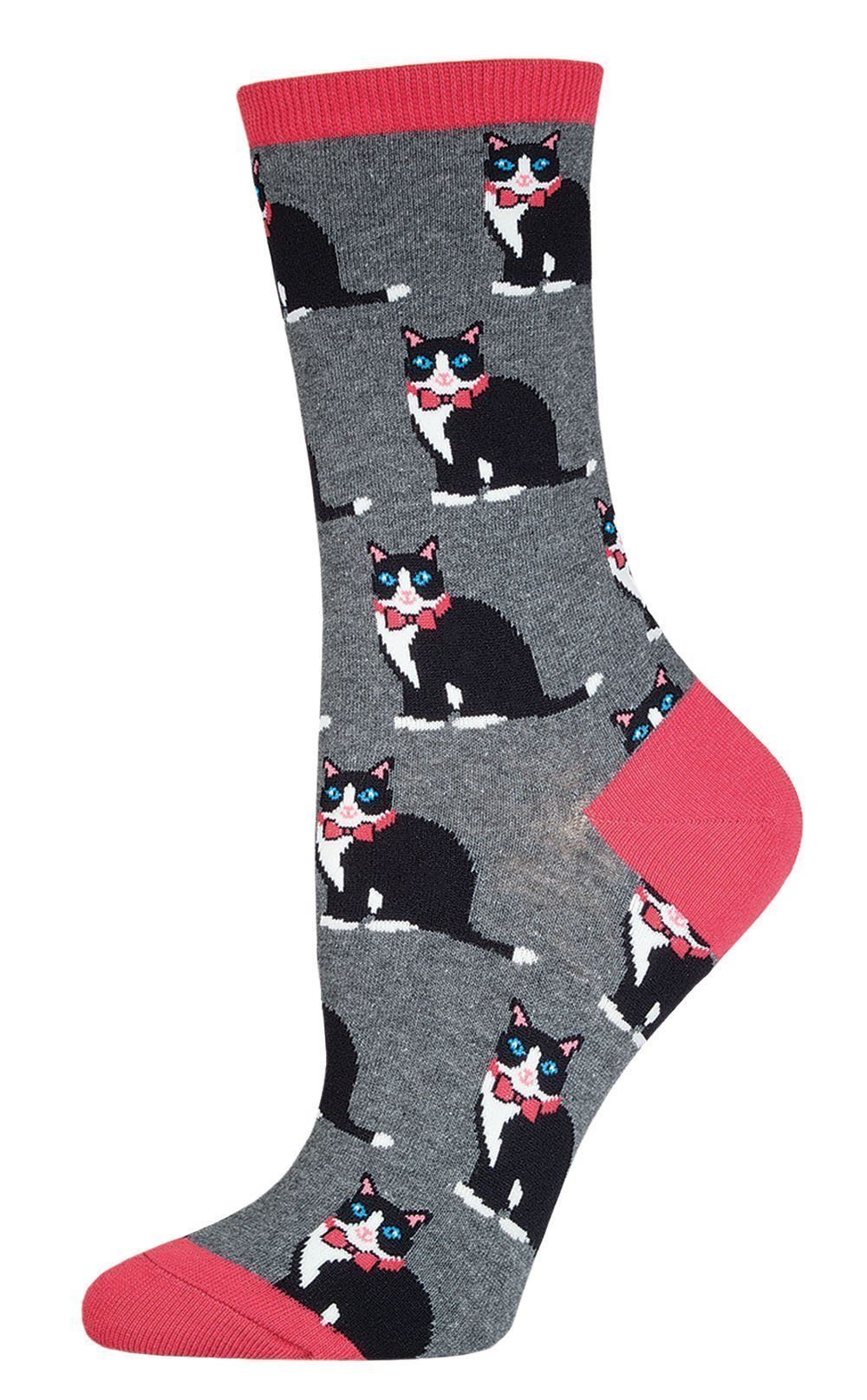 Gray women's crew sock with black-and-white tuxedo cats wearing red bow ties, pink heel and toe