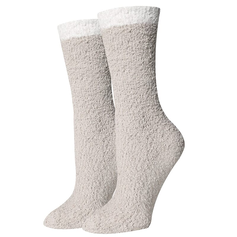 Women's solid oatmeal fuzzy crew socks, flat front view in heathered oatmeal with a fluffy white cuff
