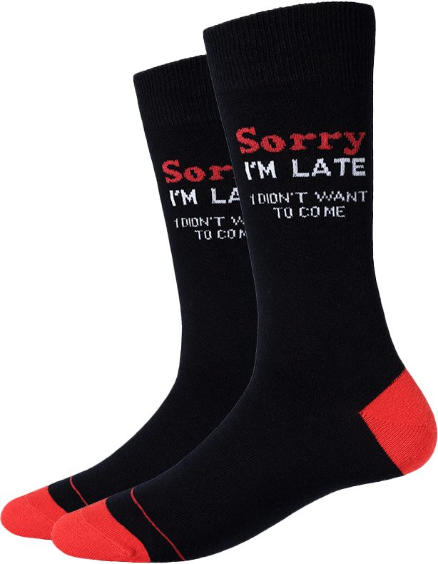 Men's Sorry I'm Late crew socks, flat front view with red and white text on black and red heel and toe