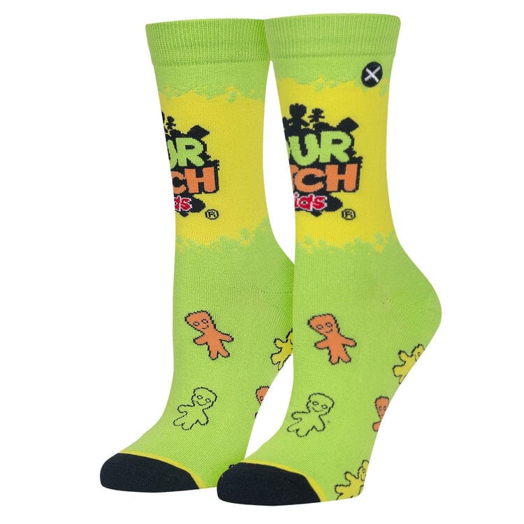 Pair of women's lime-green crew socks with the Sour Patch Kids logo and scattered candy characters