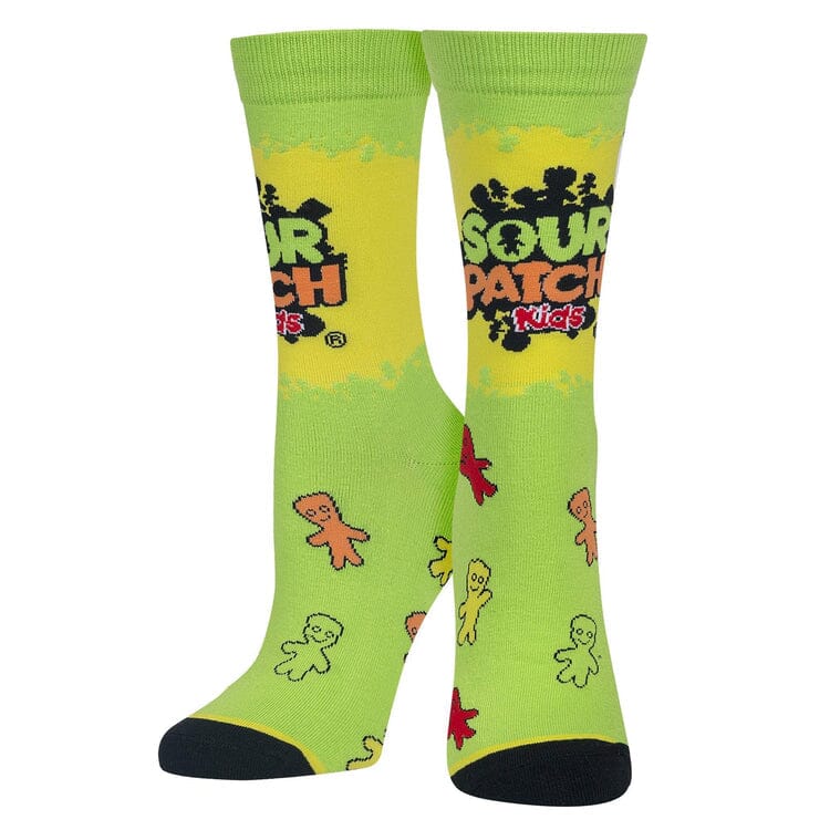 Front view of Sour Patch Kids socks showing the logo, colorful candy figures, and navy toes