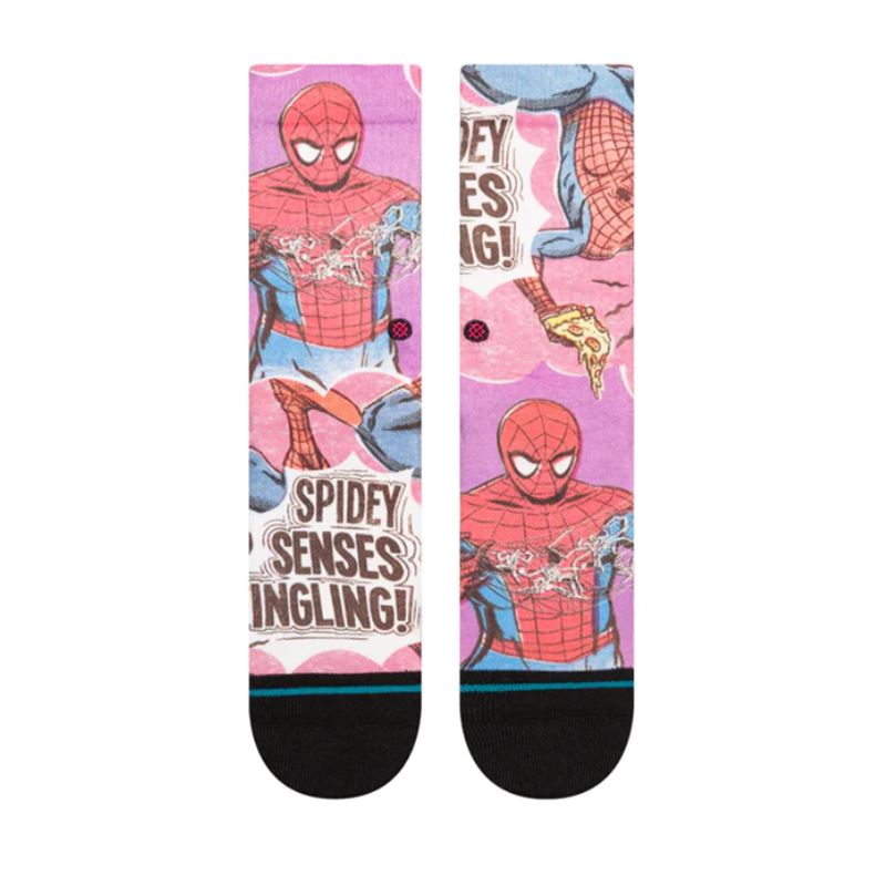Kids' Spider-Man crew socks laid flat front view showing Spider-Man and 'Spidey Senses Tingling' text