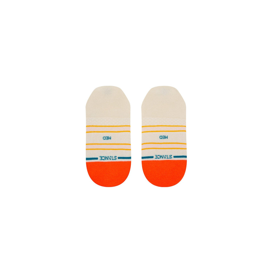 Sole view of the no-show socks showing the orange toe, Stance branding, and stripe accents