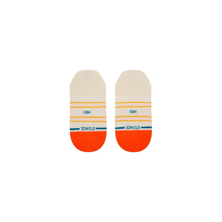 Sole view of the no-show socks showing the orange toe, Stance branding, and stripe accents