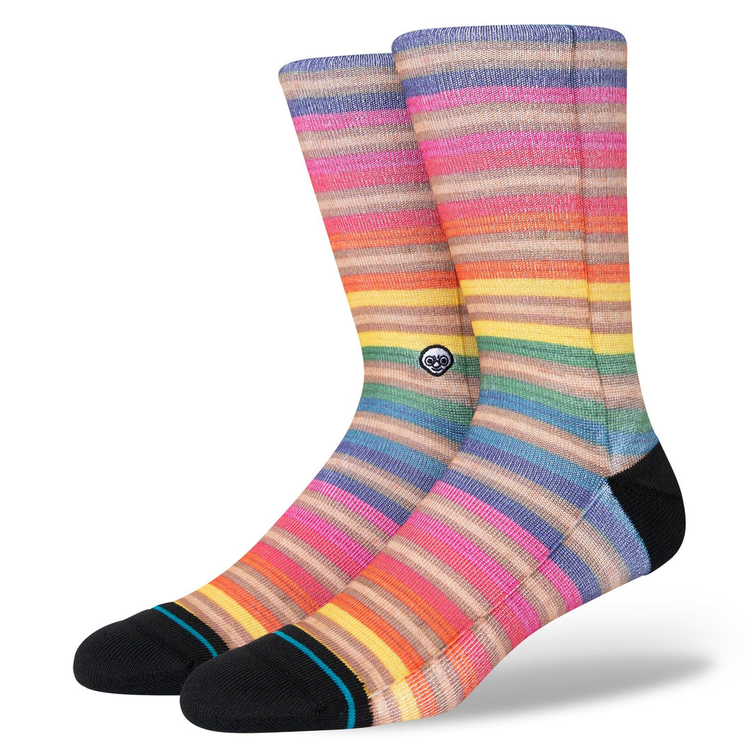 Pair of heathered Haroshi Stripe crew socks displayed upright, with fine gradient stripes from pink to blue and black toes
