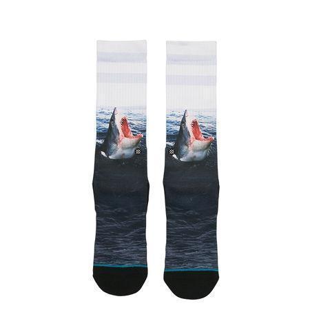 Back view of the shark socks showing the white ribbed cuffs and full ocean photo print
