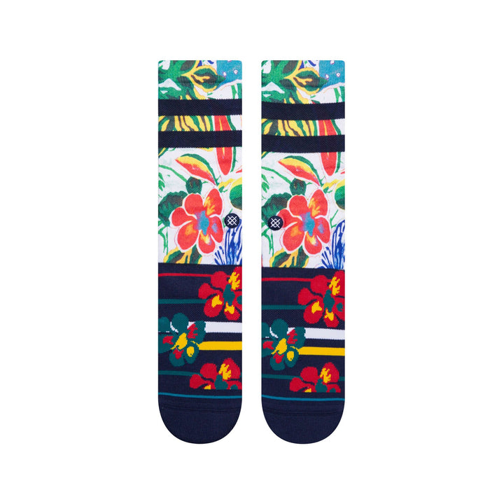 Front view of the floral crew socks showing hibiscus blooms and navy striped cuffs